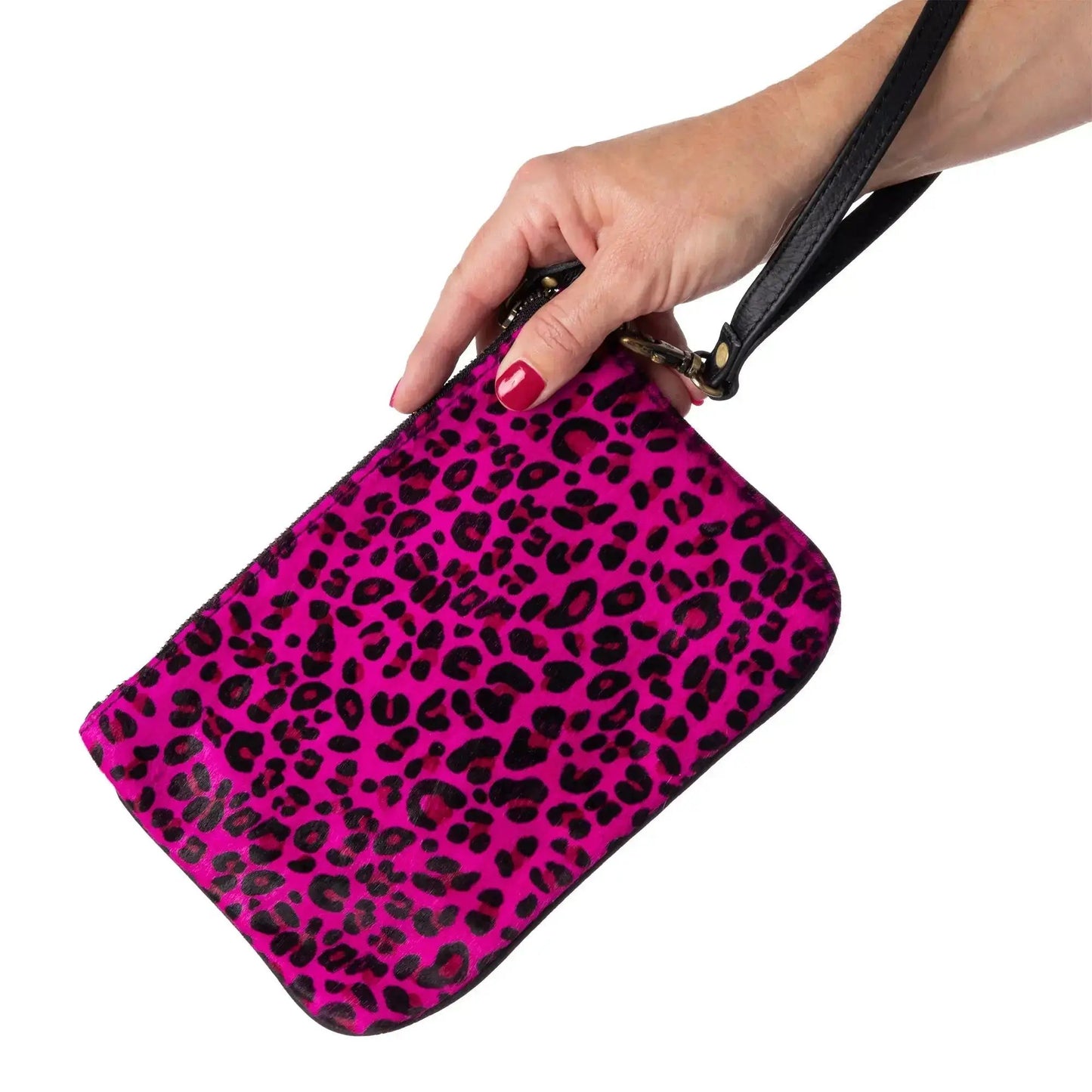 Huntley Equestrian pink leopard hair-on-hide leather wristlet clutch with black strap on Tampa Home & Garden Store