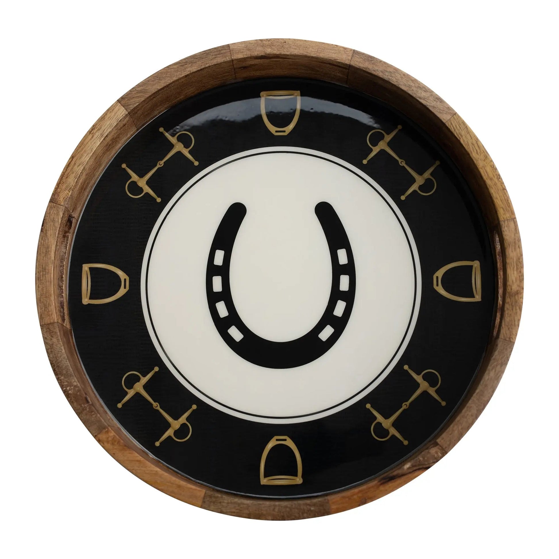Huntley Equestrian round wooden tray with black interior and gold horseshoe and bit motifs on Tampa Home & Garden Store