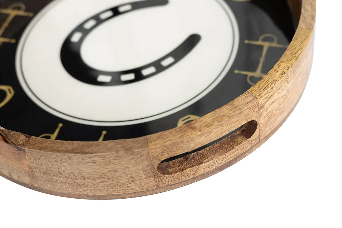 Huntley Equestrian round wooden tray in black and gold with horseshoe and bit motif on Tampa Home & Garden Store
