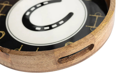 Huntley Equestrian round wooden tray in black and gold with horseshoe and bit motif on Tampa Home & Garden Store