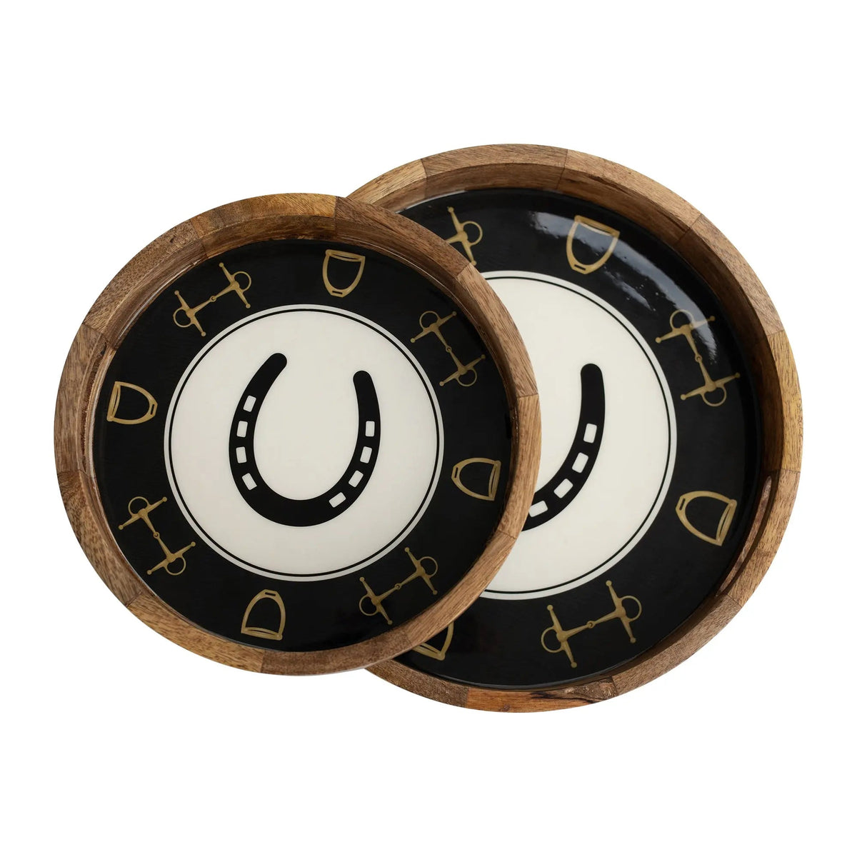 Round wooden trays black with gold horseshoe and bit motifs, two Huntley Equestrian trays overlapping on Tampa Home & Garden Store