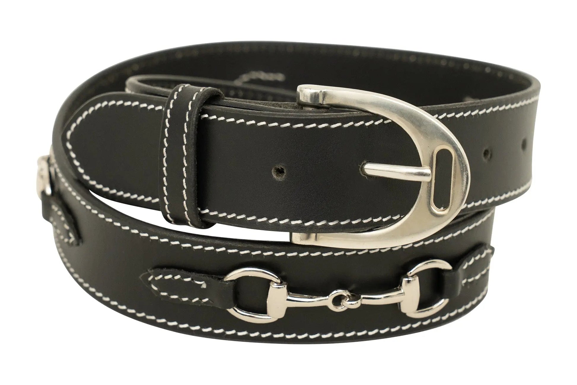 Huntley Equestrian Ladies Stirrup Buckle, Snaffle Bit, 1.5" Inch Width Leather Belt, Black - Tampa Home & Garden Store