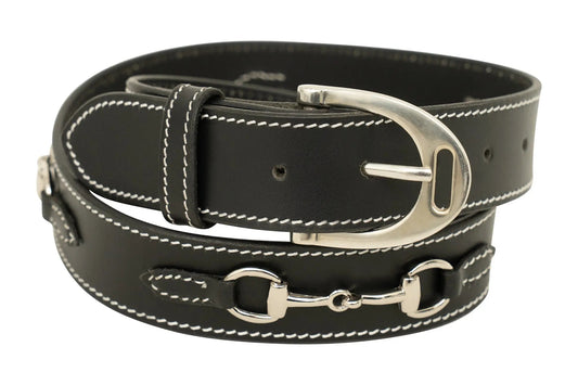 Huntley Equestrian Ladies Stirrup Buckle, Snaffle Bit, 1.5" Inch Width Leather Belt, Black - Tampa Home & Garden Store