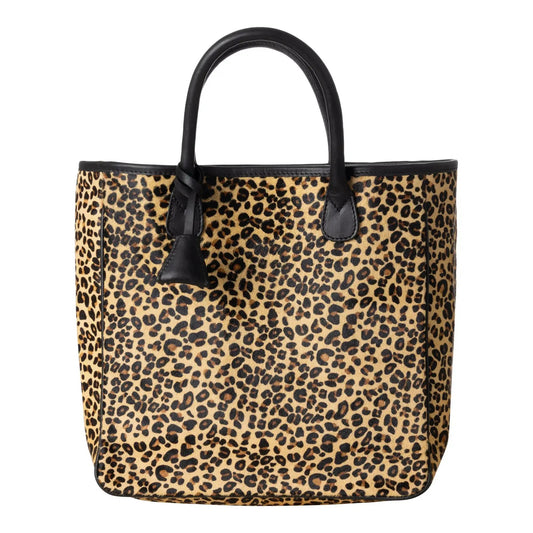 Huntley Equestrian leopard hair-on hide tote handbag with black leather handles on Tampa Home & Garden Store