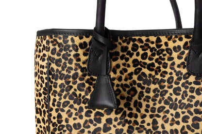 Huntley Equestrian leopard hair-on-hide tote handbag with black leather trim and top handles on Tampa Home & Garden Store