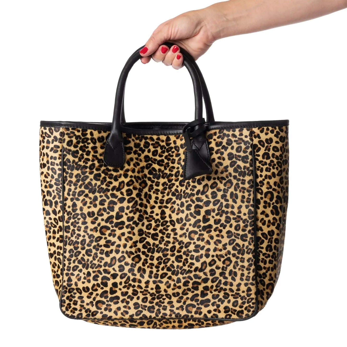Huntley Equestrian leopard hair-on-hide tote handbag with black leather handles on Tampa Home & Garden Store