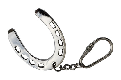 Huntley Equestrian silver horseshoe keychain with rectangular cutouts and attached metal chain on Tampa Home & Garden Store