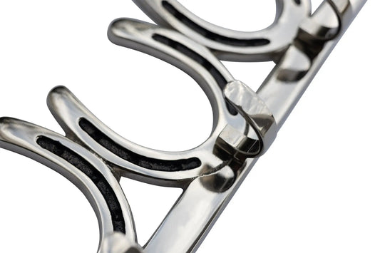 Huntley Equestrian silver horseshoe wall hook rack, 3 hooks, chrome finish on Tampa Home & Garden Store