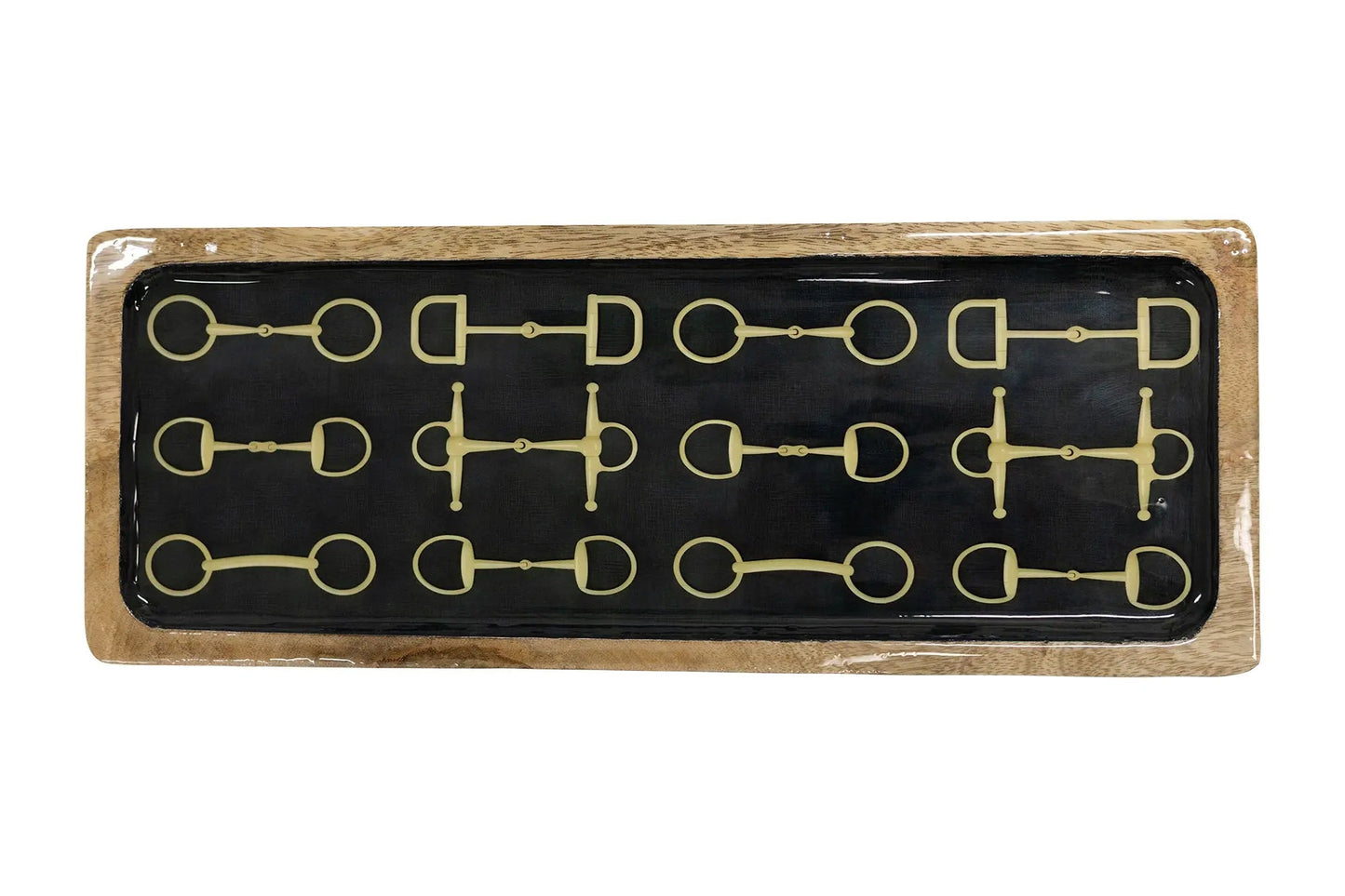 Huntley Equestrian snaffle long wooden serving tray in black with gold horse-bit motif on Tampa Home & Garden Store
