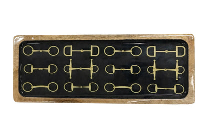 Huntley Equestrian snaffle long wooden serving tray in black with gold horse-bit motif on Tampa Home & Garden Store