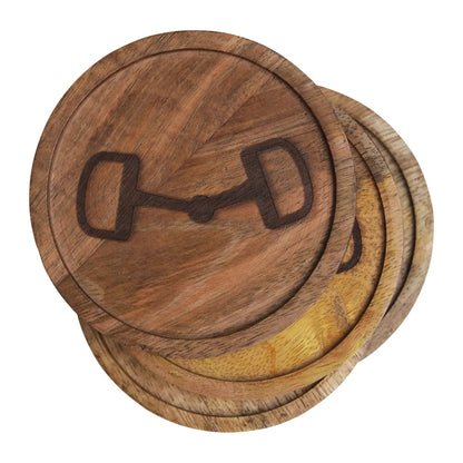 Huntley Equestrian wooden coasters, set of 4, round brown wood with decorative bit design on Tampa Home & Garden Store
