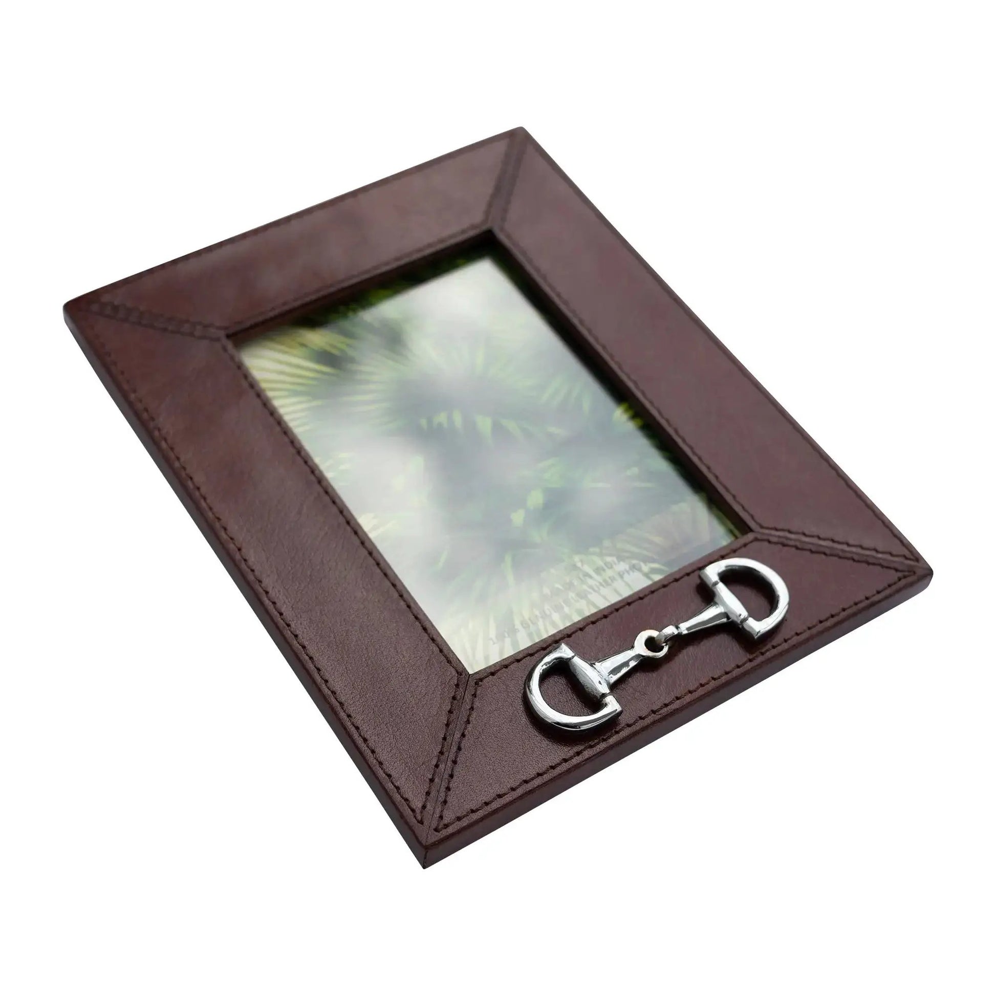 Huntley Leather Frame with Silver Horse Bit, brown leather border and silver hardware on Tampa Home & Garden Store