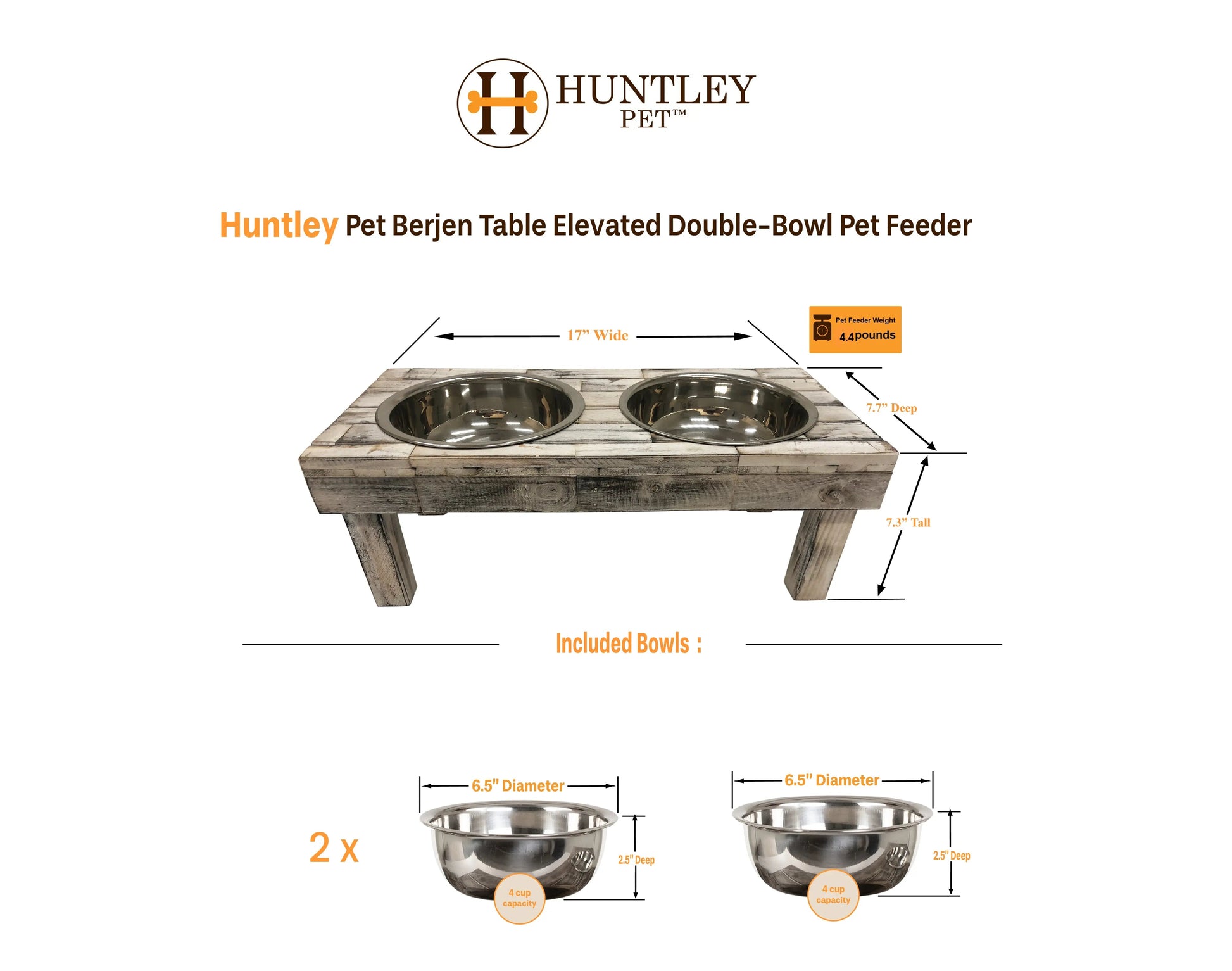 Huntley Pet Berjen Table Elevated Double Bowl Pet Feeder, White Wash - Tampa Home & Garden Store