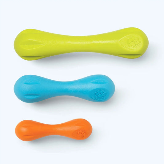 Hurley Indestructible Chew Bone dog toy, yellow with paw logo; West Paw design; blue orange on Tampa Home & Garden Store