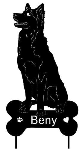 Husky garden stake silhouette with bone base and Beny name, Rustica Ornamentals lawn ornament on Tampa Home & Garden Store