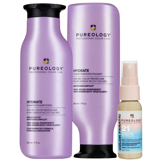Pureology Hydrate Shampoo & Color Fanatic set in lavender bottles for dry color-treated hair on Tampa Home & Garden Store
