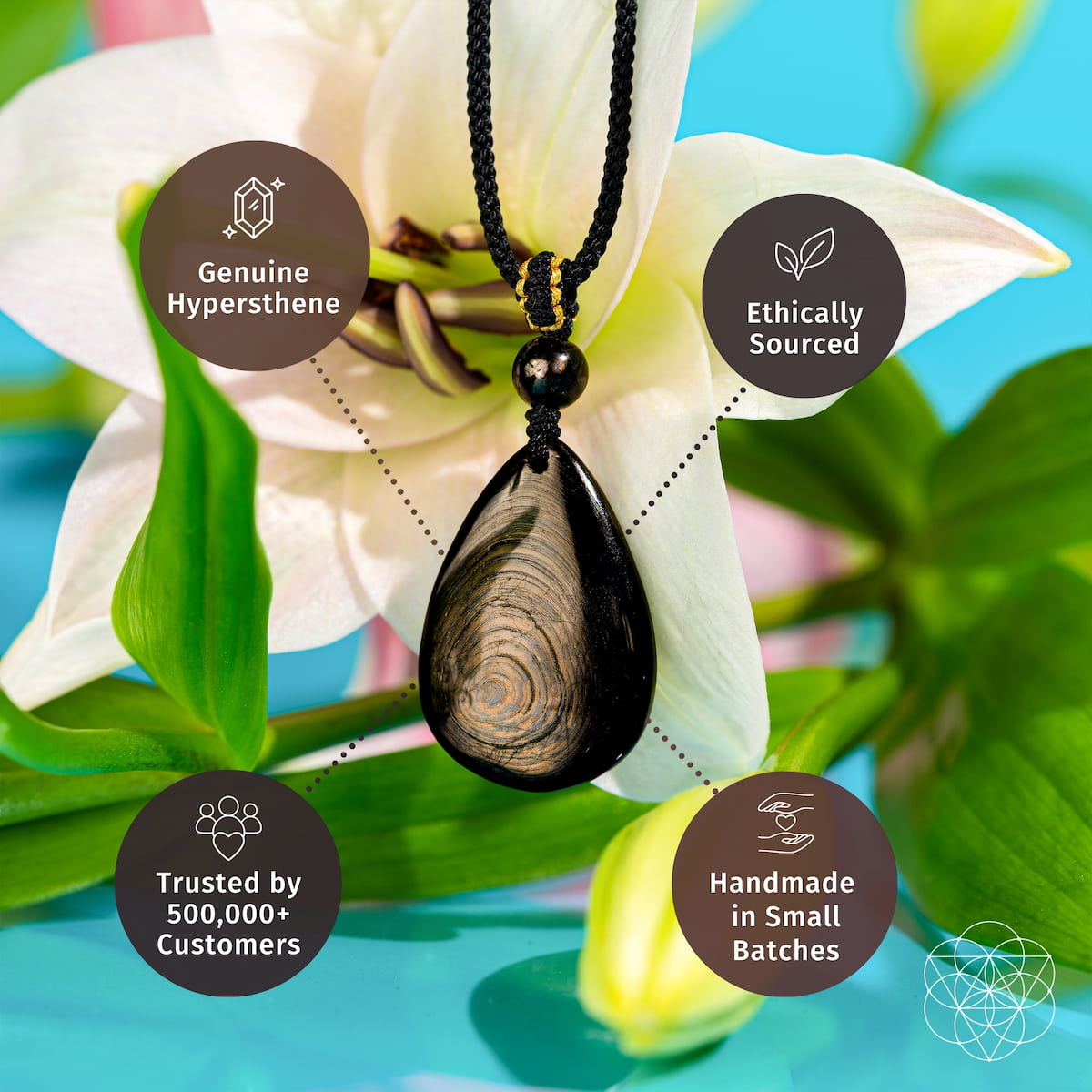 Hypersthene pendant necklace by Conscious Items, black teardrop stone on braided cord on Tampa Home & Garden Store