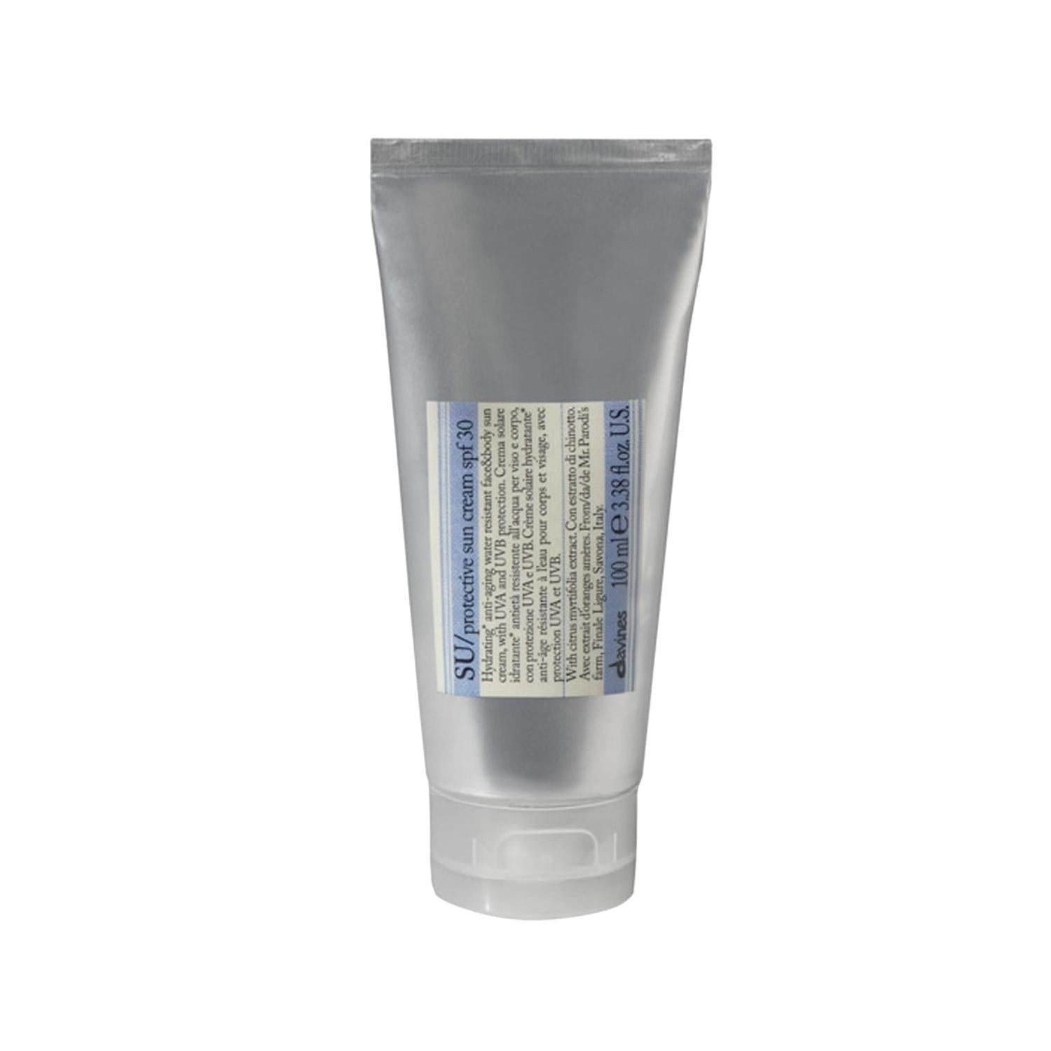 Davines Sunscreen Cream SPF 30 tube, silver squeeze bottle with blue label travel-size sunscreen on Tampa Home & Garden Store