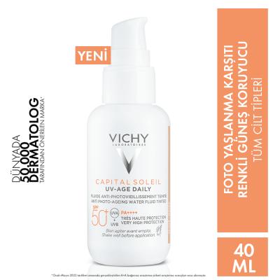 Vichy Capital Soleil UV-Age Tinted Sunscreen SPF50+ 40ml white pump bottle, face sunscreen on Tampa Home & Garden Store