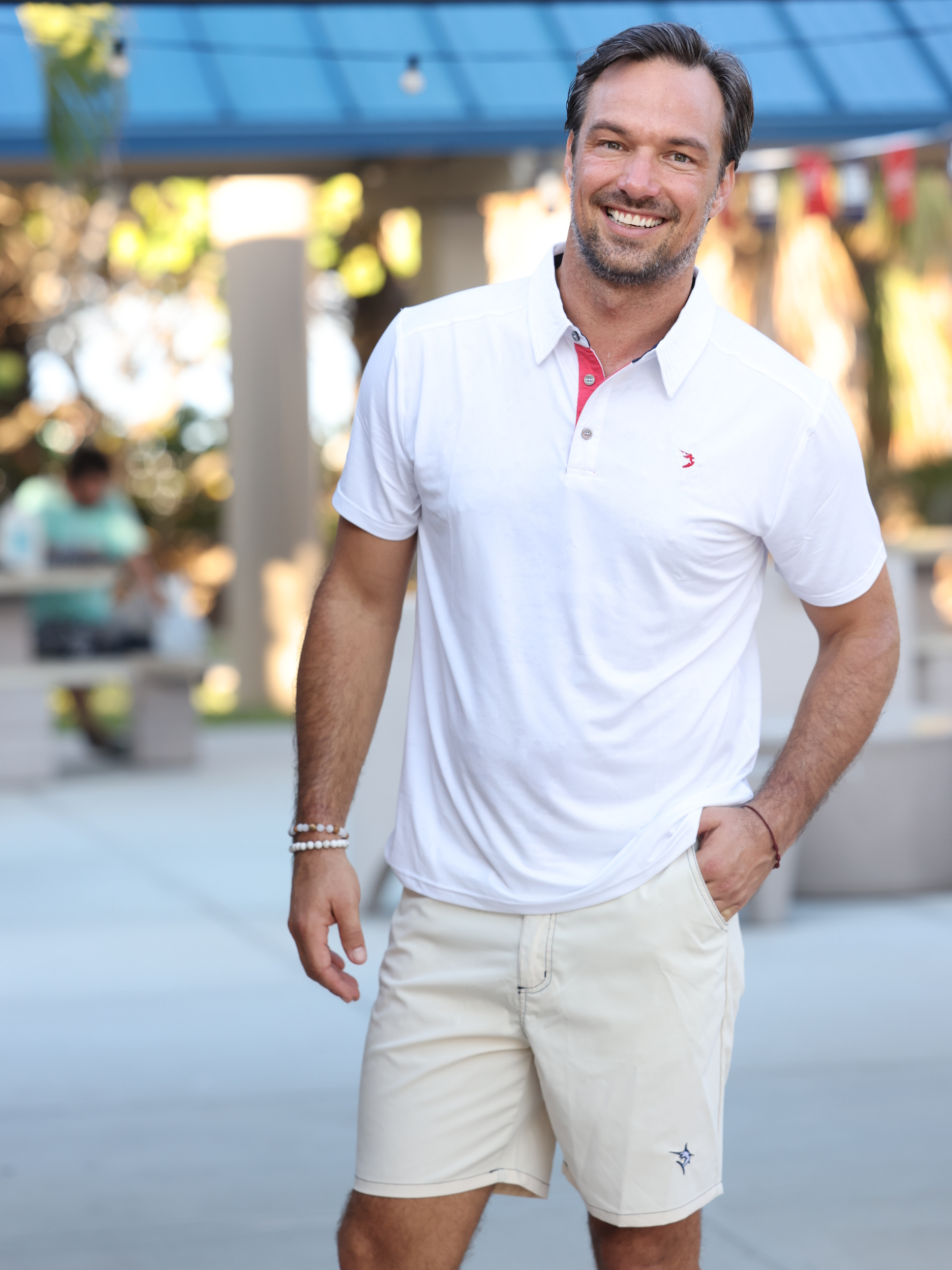 Starboard Shorts by White Water Life, beige casual shorts with small logo on left leg on Tampa Home & Garden Store