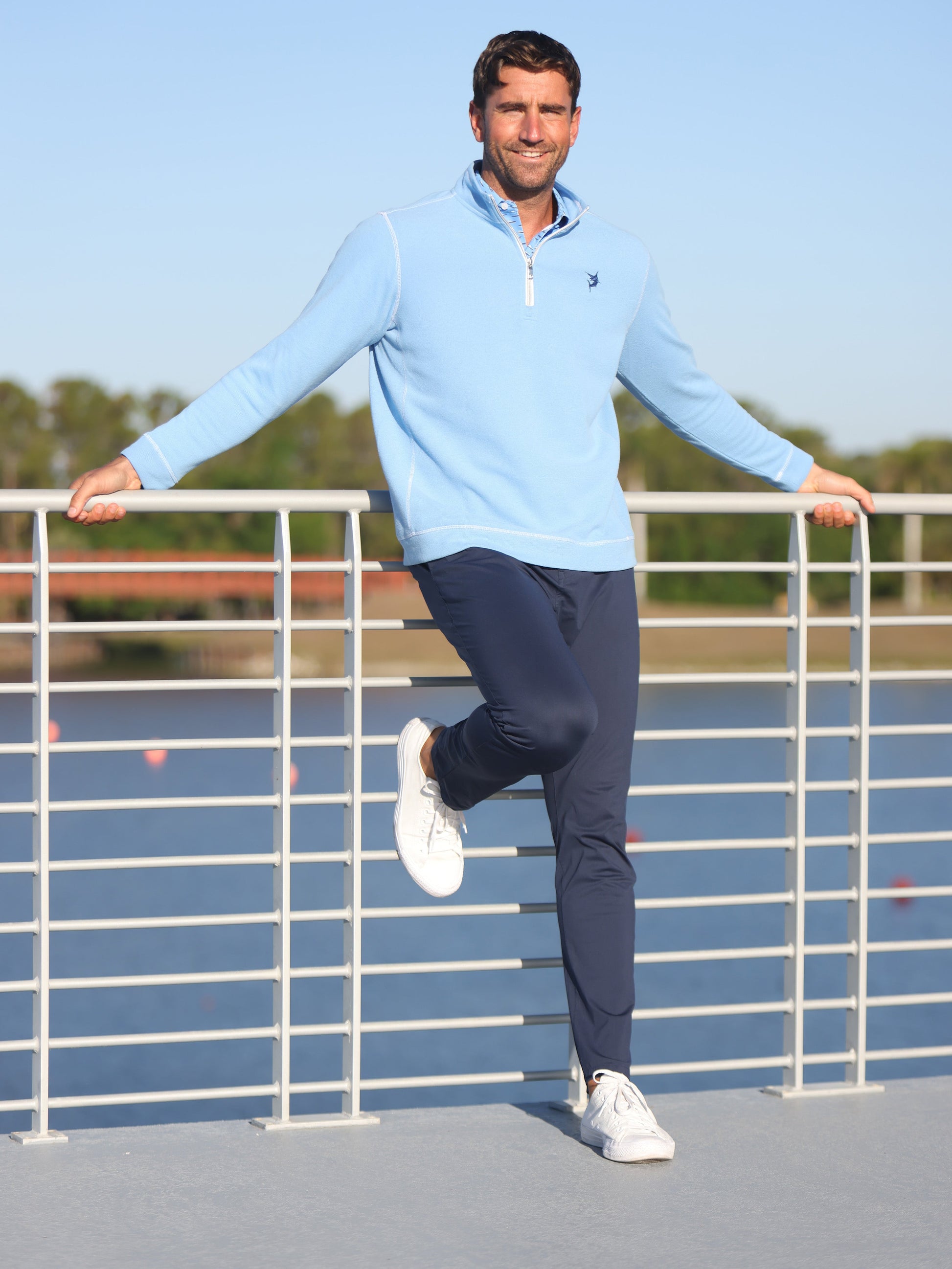 Seaport Pants navy blue by White Water Life worn by man outdoors on Tampa Home & Garden Store