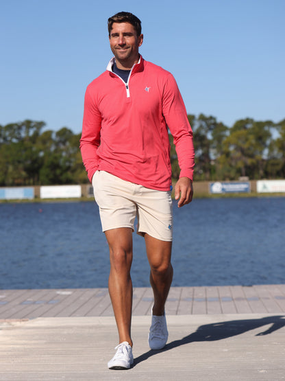 Monterey Performance Quarter Zip long sleeve top in coral with white zipper and White Water Life logo on Tampa Home & Garden Store