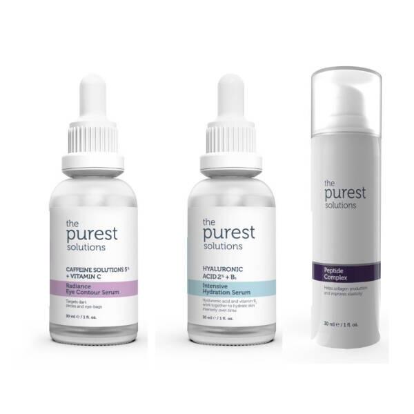 Purest Solutions serum set: two white dropper bottles and a peptide spray, Beauty Care Bag on Tampa Home & Garden Store