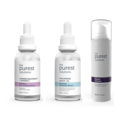 Purest Solutions serum set: two white dropper bottles and a peptide spray, Beauty Care Bag on Tampa Home & Garden Store