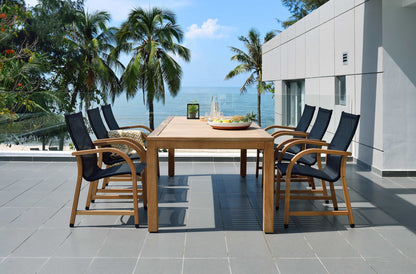 Rinjani rectangular outdoor dining table with six Manhattan black armchairs, patio set on Tampa Home & Garden Store