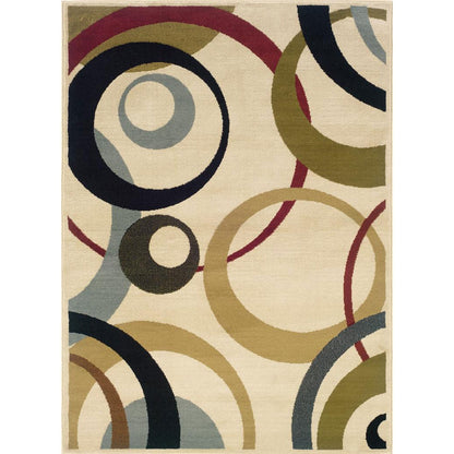 Alfombra geométrica de círculos multicolores beige, verde oliva y verde espuma (5' x 7'3)