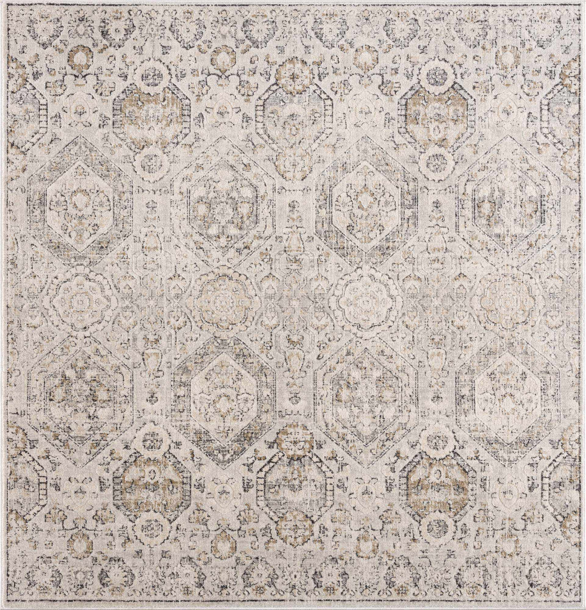 Parkerfield area rug Boutique Rugs distressed cream gray beige medallion motif on Tampa Home & Garden Store