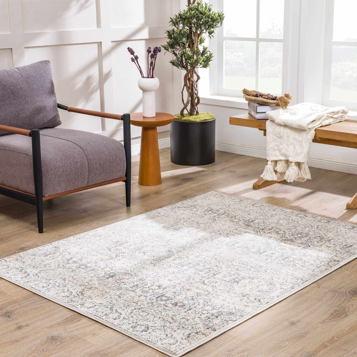 Parkerfield Area Rug in light gray with a distressed pattern for a modern living space on Tampa Home & Garden Store