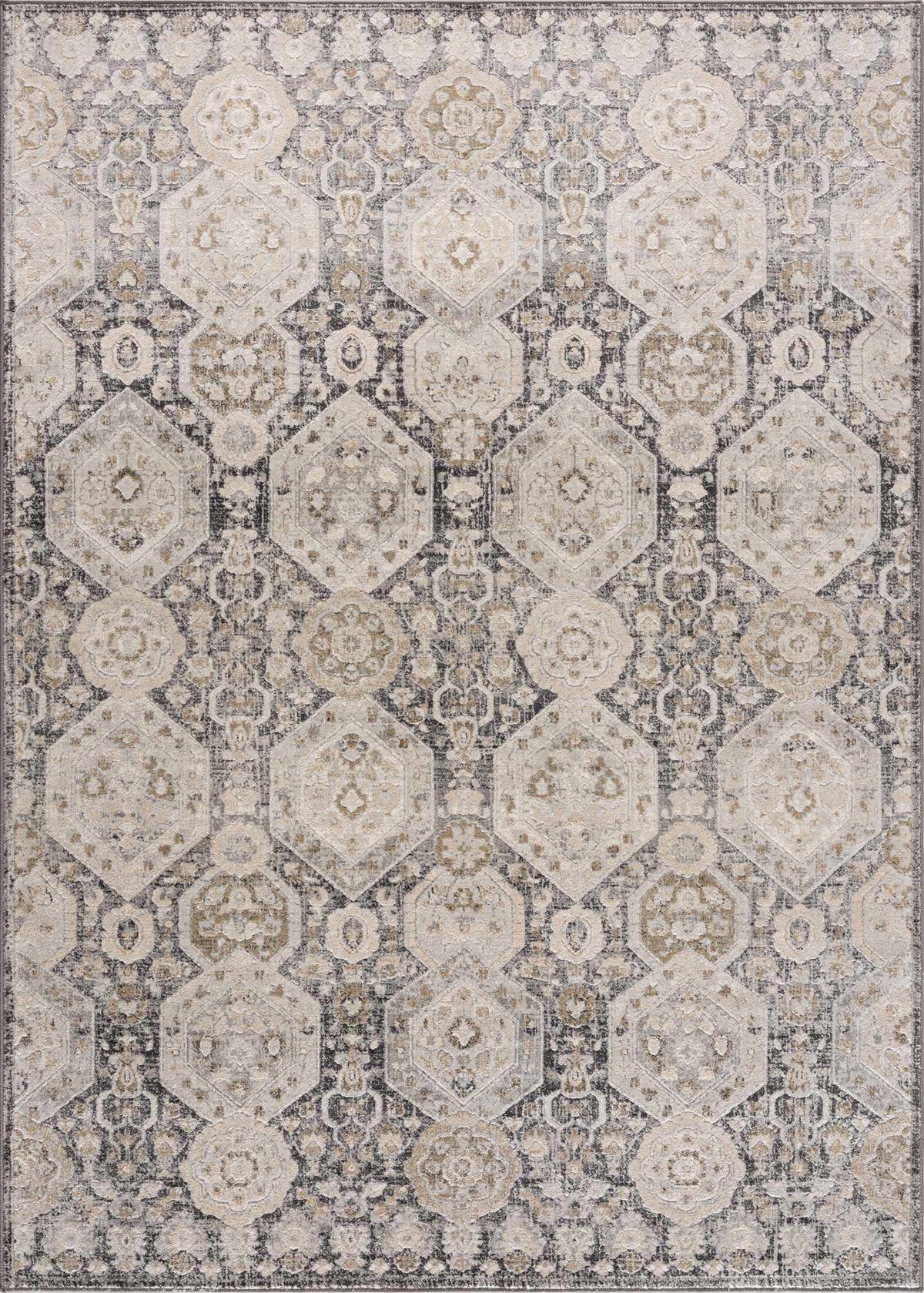 Minoa Area Rug by Boutique Rugs, distressed beige ivory gray with large hexagonal medallions on Tampa Home & Garden Store