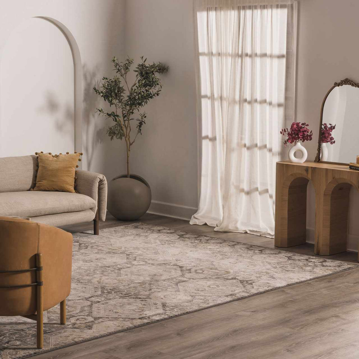 Minoa Area Rug by Boutique Rugs, muted gray-beige oriental pattern in living room on Tampa Home & Garden Store