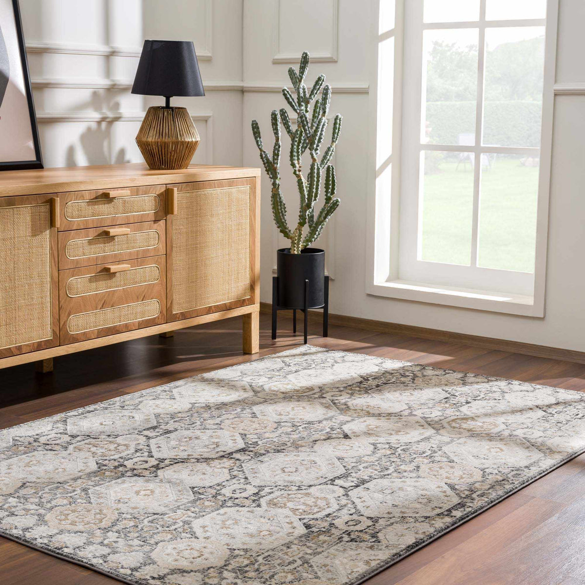 Minoa Area Rug beige gray ornate pattern by Boutique Rugs in living room on Tampa Home & Garden Store