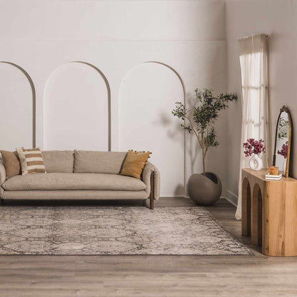 Minoa area rug beige gray medallion pattern Boutique Rugs living room decor on Tampa Home & Garden Store