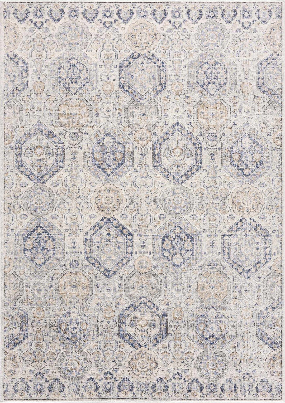 Parkerfield Cream & Blue Area Rug by Boutique Rugs with distressed medallion motif on Tampa Home & Garden Store