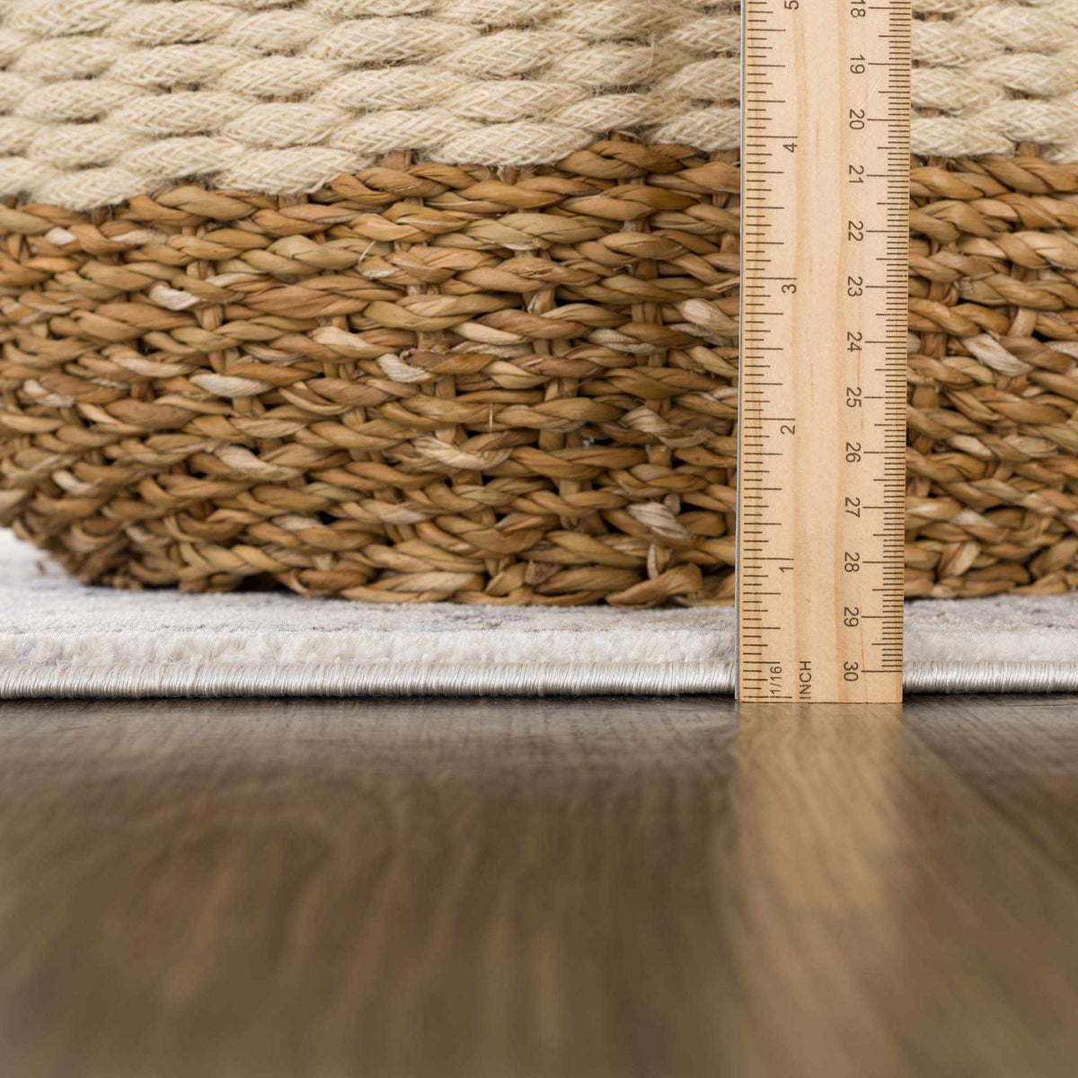 Parkerfield Cream & Blue Area Rug braided jute texture with scale ruler for size on Tampa Home & Garden Store
