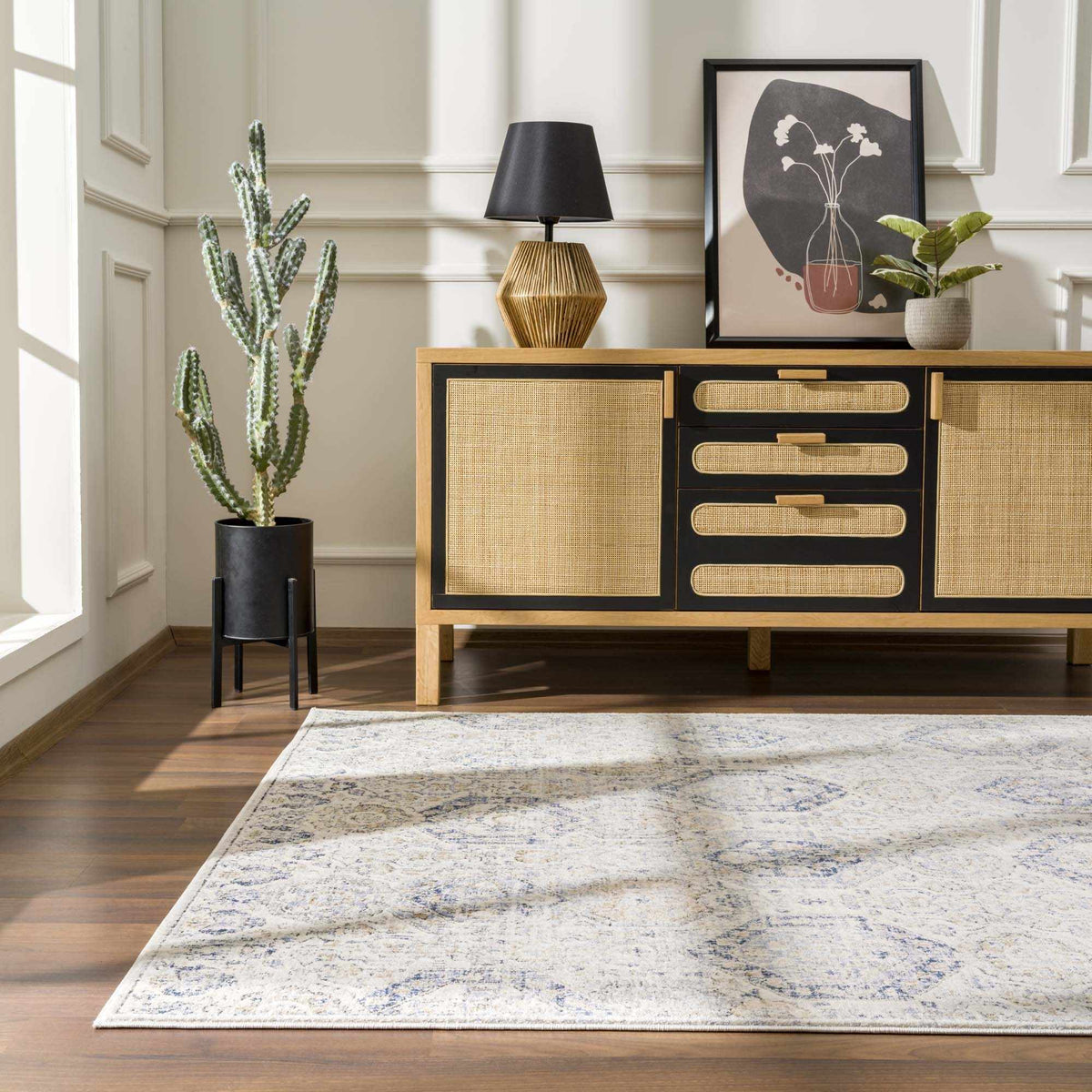 Parkerfield Cream & Blue Area Rug cream and blue tonal woven pattern on Tampa Home & Garden Store