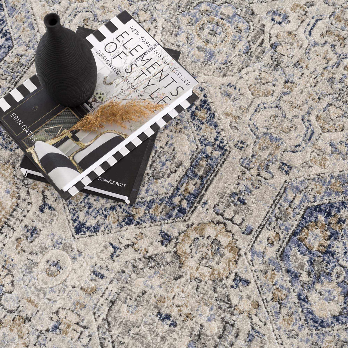 Parkerfield cream and blue area rug by Boutique Rugs with soft textured vintage pattern on Tampa Home & Garden Store