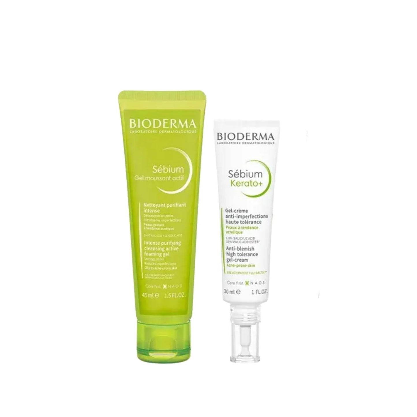 Bioderma Sebium foaming gel & Kerato+ duo for acne-prone oily skin in green-white tubes on Tampa Home & Garden Store