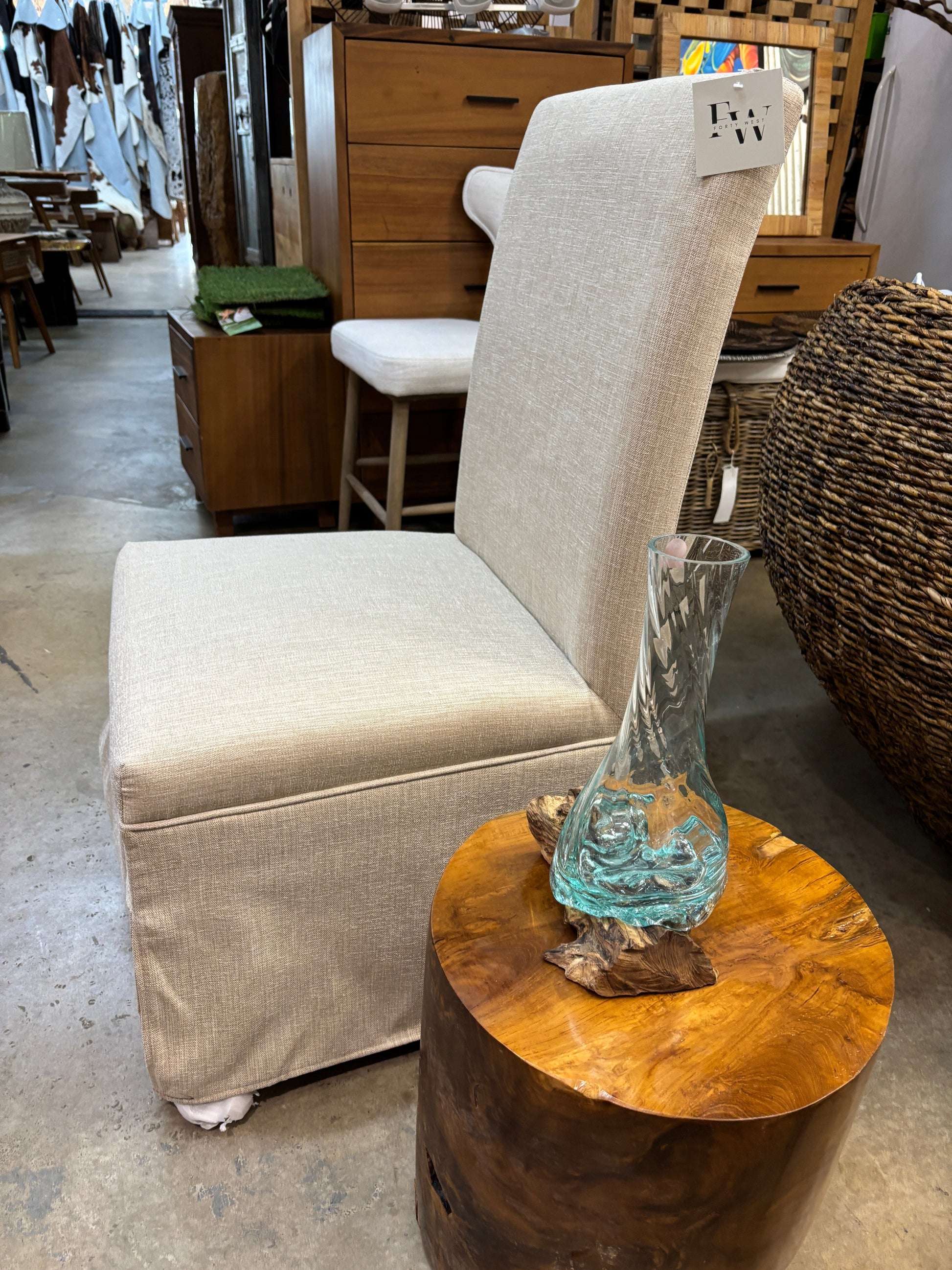 Forty West dining chair beige linen upholstery by The Broward Design Center with tall back on Tampa Home & Garden Store