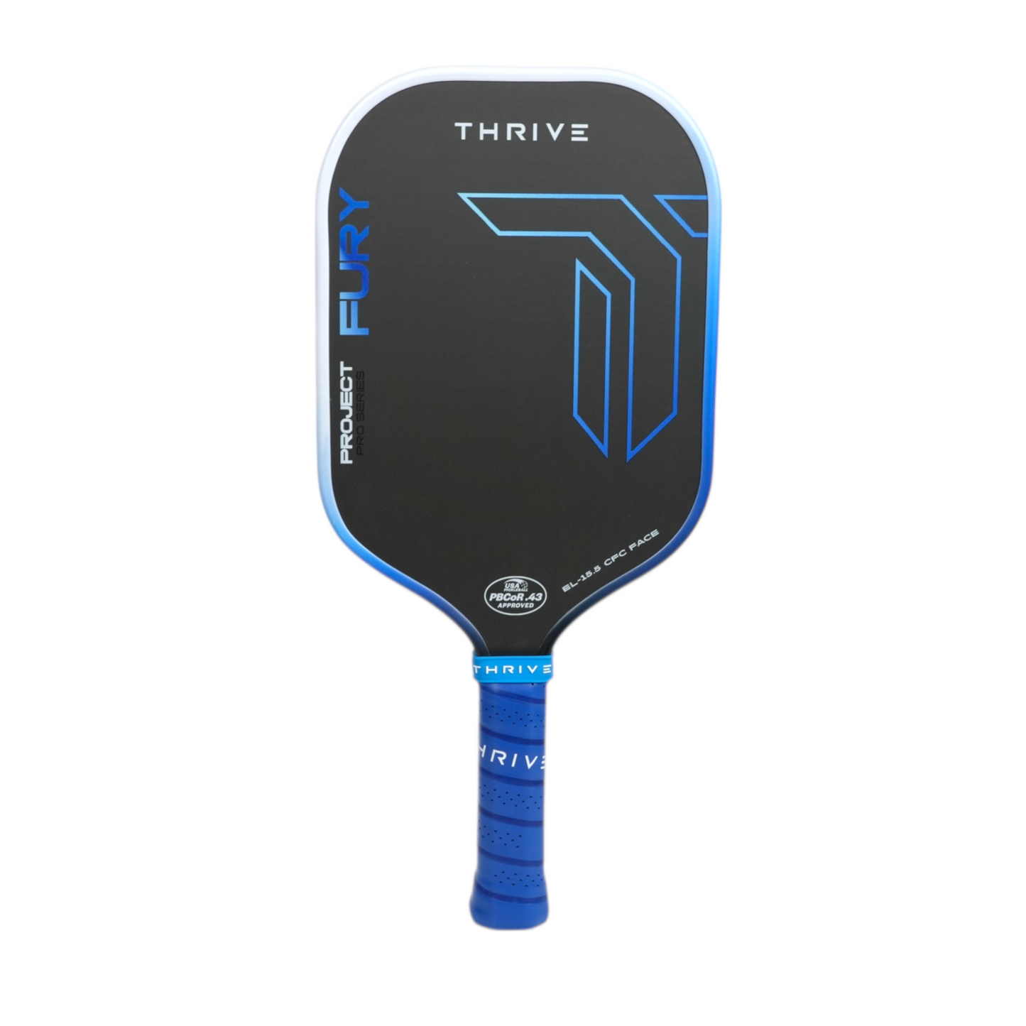 FURY elongated 15.5 mm pickleball paddle with black face blue trim Thrive Pickleball branding on Tampa Home & Garden Store