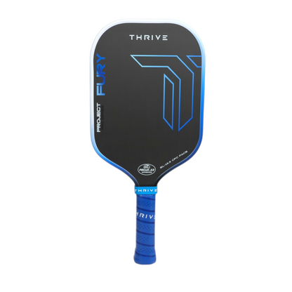 FURY elongated 15.5 mm pickleball paddle with black face blue trim Thrive Pickleball branding on Tampa Home & Garden Store