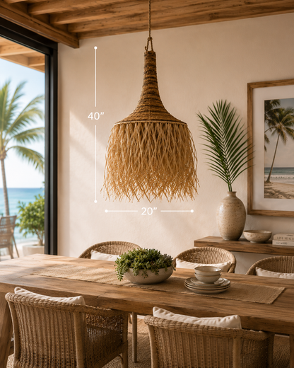 Banana Leaf w/Fringe Hanging Light, natural wicker pendant chandelier Broward Design Center on Tampa Home & Garden Store