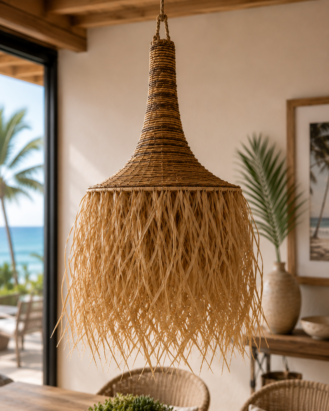 Banana leaf fringe hanging light chandelier, natural woven shade by The Broward Design Center on Tampa Home & Garden Store