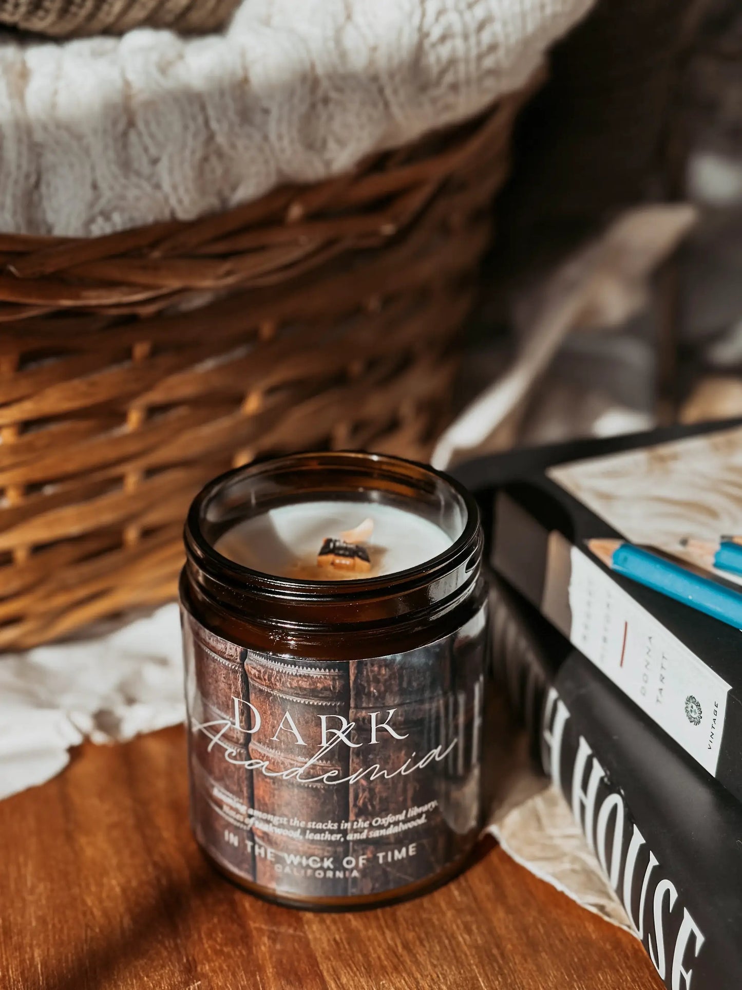 Dark Academia Candle with Leather and Wood Notes by In the Wick of Time in a brown glass jar on Tampa Home & Garden Store