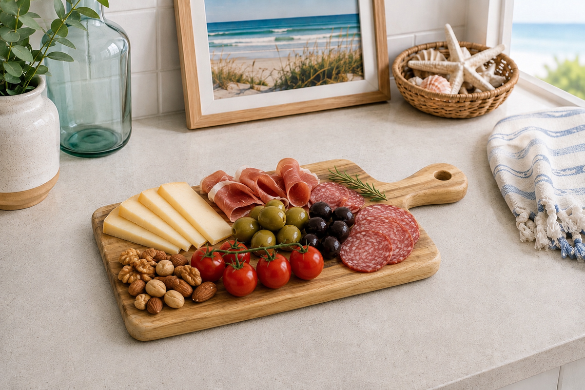 Harbor Teak Cutting Board with cheese, olives, nuts and deli slices on countertop on Tampa Home & Garden Store