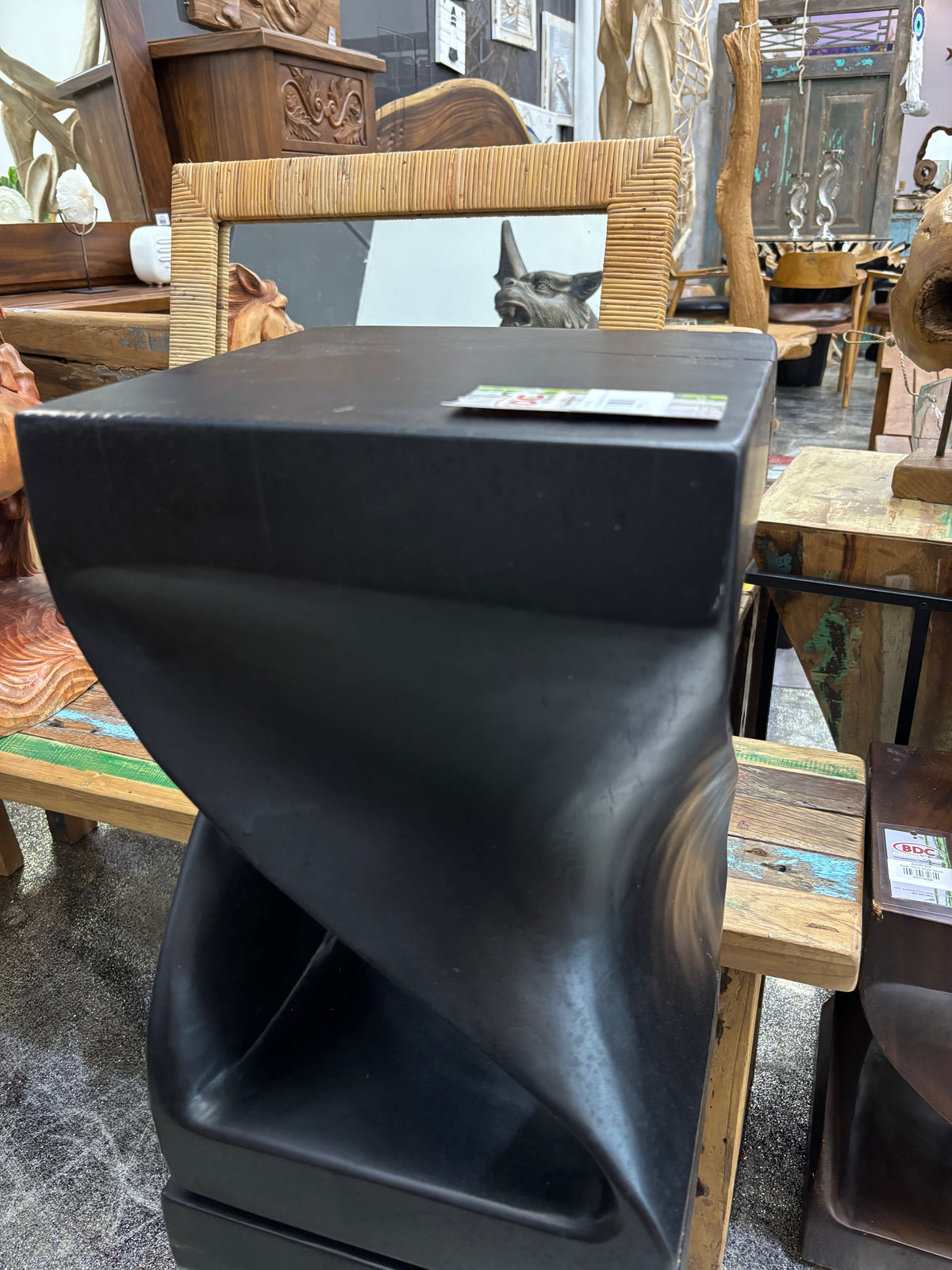 SUAR Twist Stool Burn Finish, black molded seat with sculpted base by Broward on Tampa Home & Garden Store