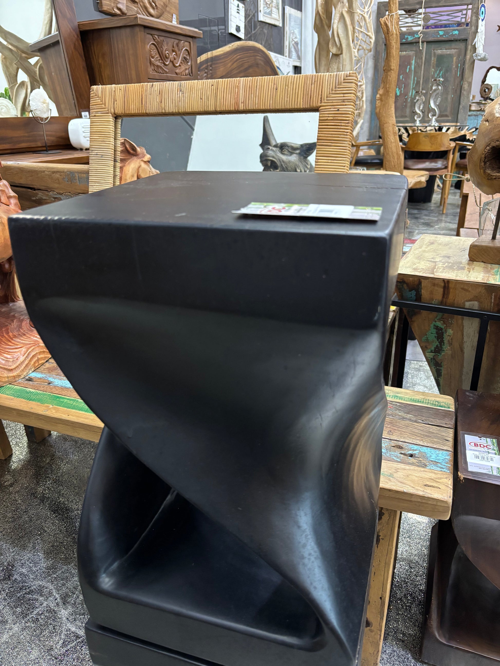 SUAR Twist Stool Burn Finish, black molded seat with sculpted base by Broward on Tampa Home & Garden Store